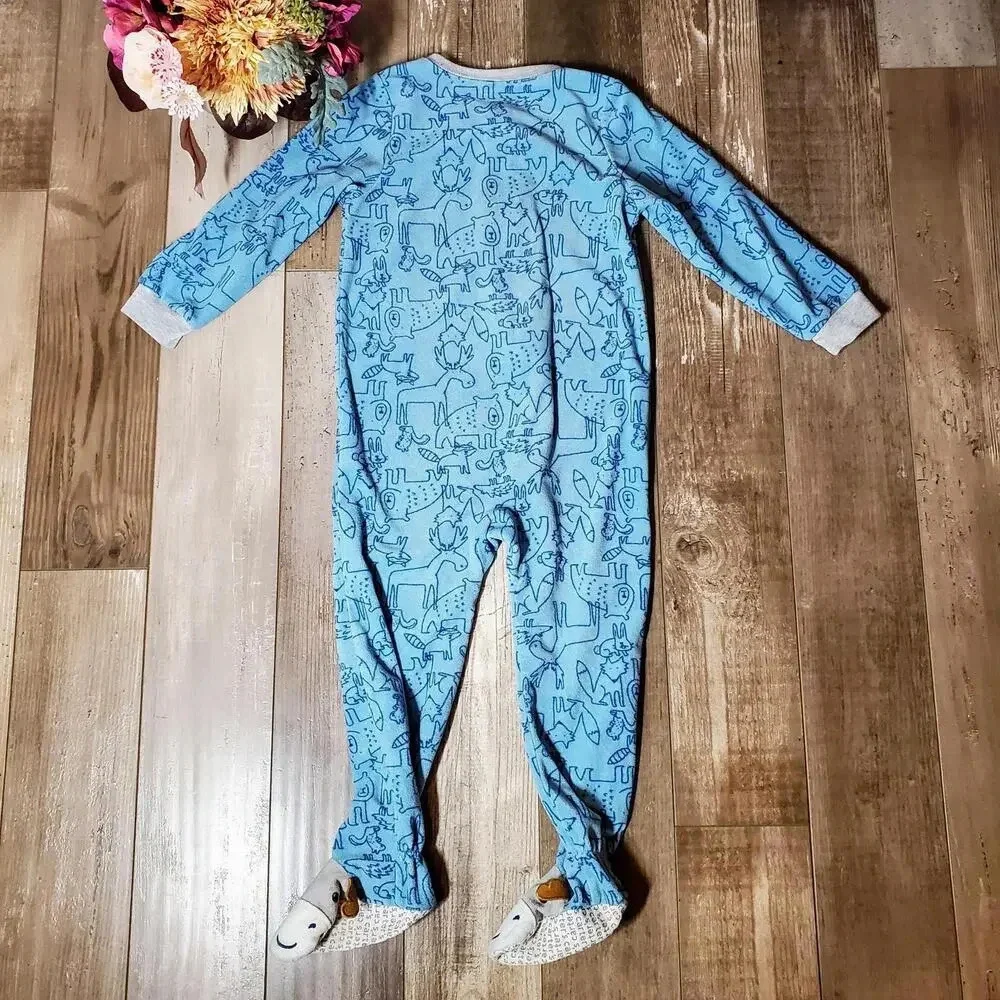 Carter's Blue Forest Animal Print Fleece Blanket Sleeper Pajamas Boys Size 4T
